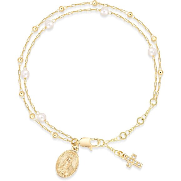 Dainty 14K Gold Plated Rosary Bracelet with Cubic Zirconia Cross for Women - Picture 1 of 6